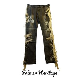 Fringed Legs Distressed Black Cowboy Cowgirl Women's Cream Fringe Plus XXL